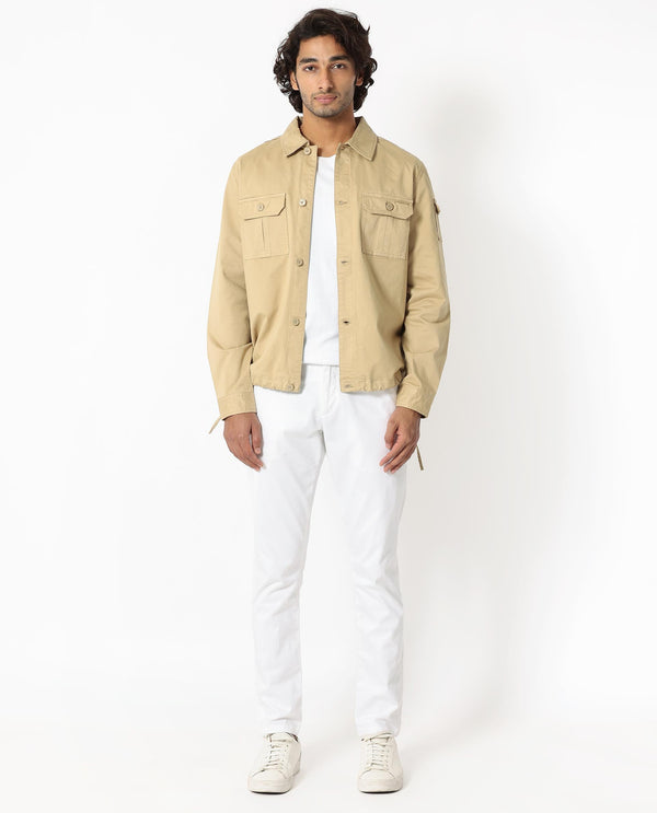 Rare Rabbit Men's Cedro Beige Cotton Lycra Fabric Full Sleeves Dyed Cargo Jacket