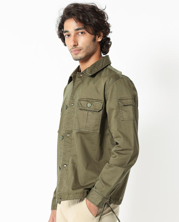 Rare Rabbit Men's Cedro Olive Cotton Lycra Fabric Full Sleeves Dyed Cargo Jacket