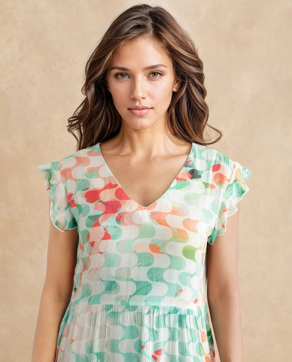 Rareism Women's Celentie Flouroscent Multi  V-Neck Slip-On Closure Ruffled Sleeve Geometric Print Fit And Flare Mini Dress
