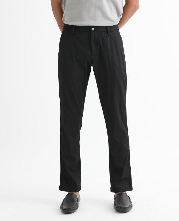 Rare Rabbit Men's Cellular Black Solid Mid-Rise Regular Fit Twill Trouser