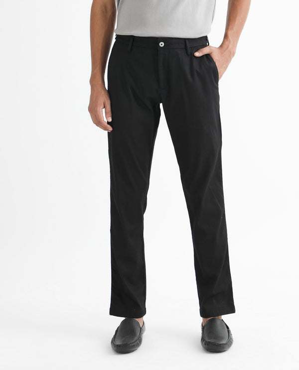 Rare Rabbit Men's Cellular Black Solid Mid-Rise Regular Fit Twill Trouser