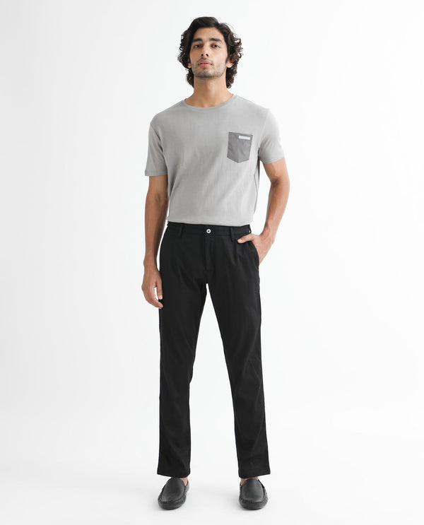 Rare Rabbit Men's Cellular Black Solid Mid-Rise Regular Fit Twill Trouser