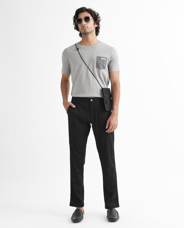 Rare Rabbit Men's Cellular Black Solid Mid-Rise Regular Fit Twill Trouser