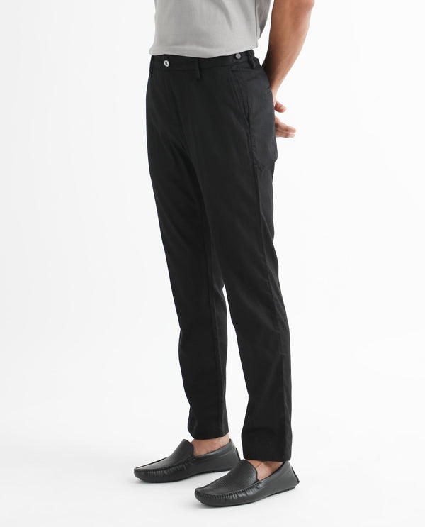 Rare Rabbit Men's Cellular Black Solid Mid-Rise Regular Fit Twill Trouser