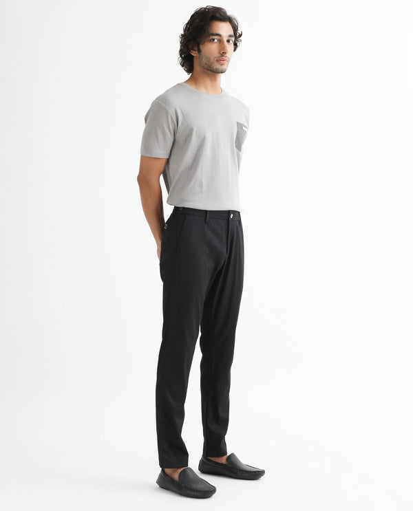 Rare Rabbit Men's Cellular Black Solid Mid-Rise Regular Fit Twill Trouser