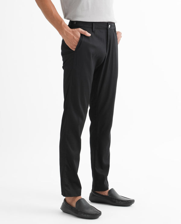 Rare Rabbit Men's Cellular Black Solid Mid-Rise Regular Fit Twill Trouser