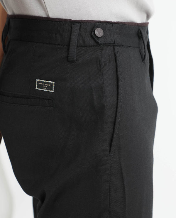 Rare Rabbit Men's Cellular Black Solid Mid-Rise Regular Fit Twill Trouser
