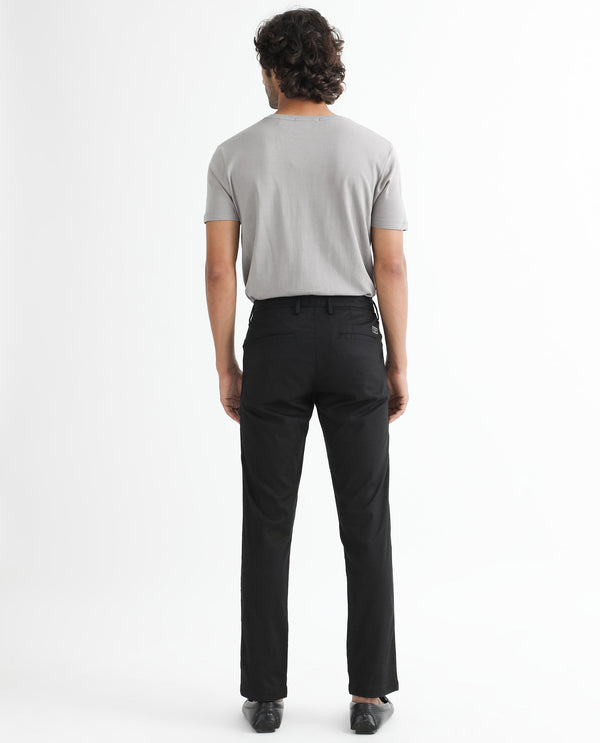 Rare Rabbit Men's Cellular Black Solid Mid-Rise Regular Fit Twill Trouser
