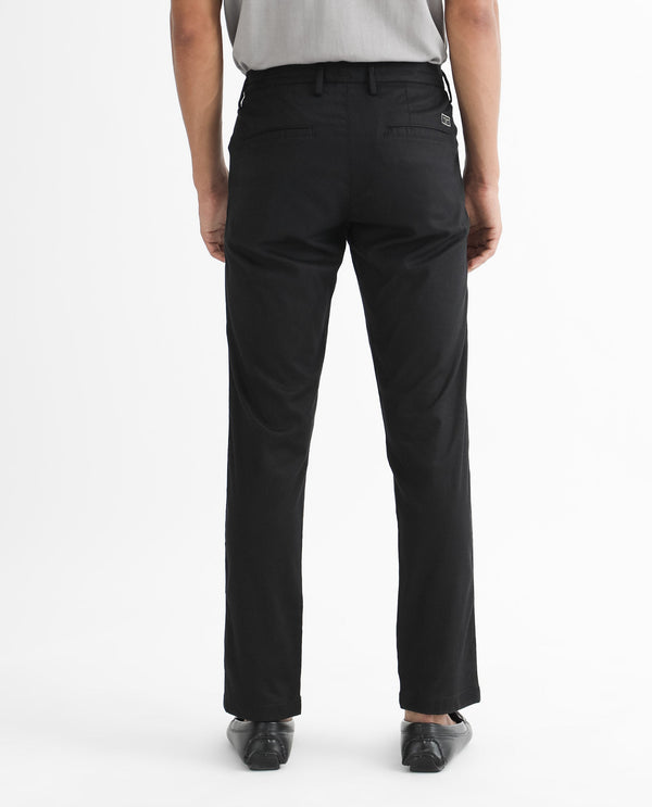 Rare Rabbit Men's Cellular Black Solid Mid-Rise Regular Fit Twill Trouser