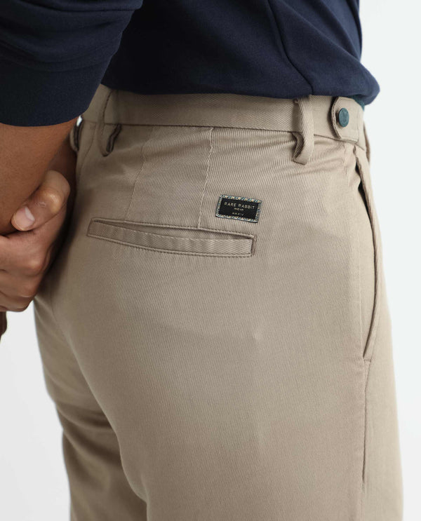 Rare Rabbit Men's Cellular Khaki Solid Mid-Rise Regular Fit Twill Trouser