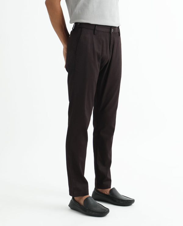 Rare Rabbit Men's Cellular Maroon Solid Mid-Rise Regular Fit Twill Trouser
