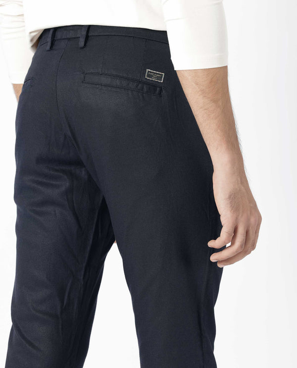 Rare Rabbit Men's Cellular Navy Solid Mid-Rise Regular Fit Twill Trouser