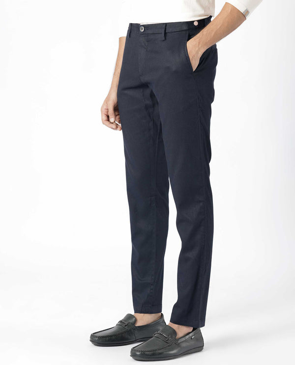 Rare Rabbit Men's Cellular Navy Solid Mid-Rise Regular Fit Twill Trouser