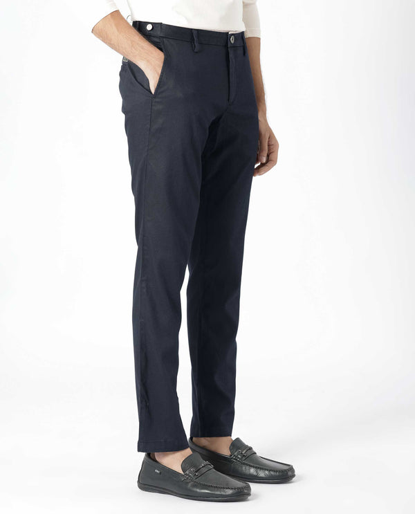 Rare Rabbit Men's Cellular Navy Solid Mid-Rise Regular Fit Twill Trouser