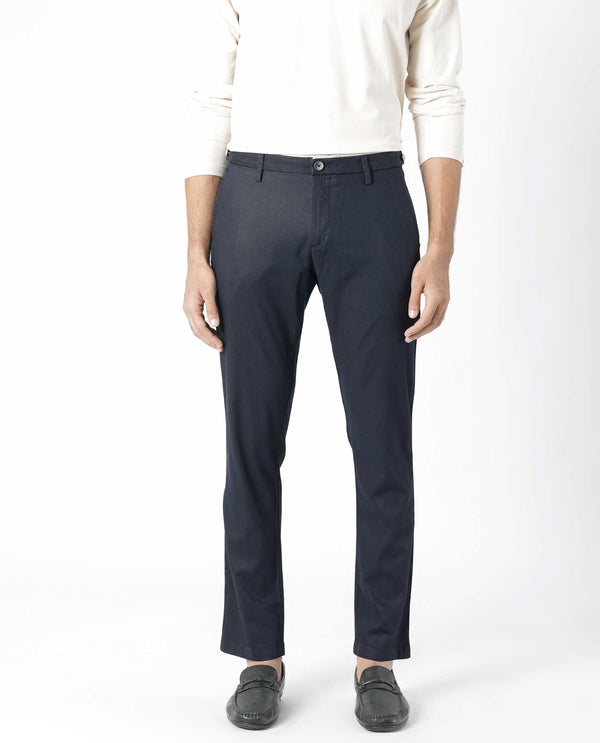 Rare Rabbit Men's Cellular Navy Solid Mid-Rise Regular Fit Twill Trouser