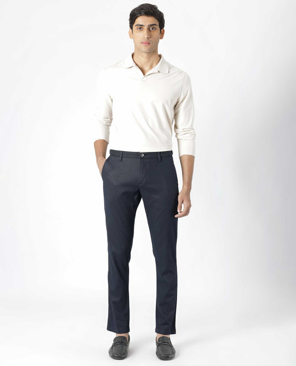 Rare Rabbit Men's Cellular Navy Solid Mid-Rise Regular Fit Twill Trouser