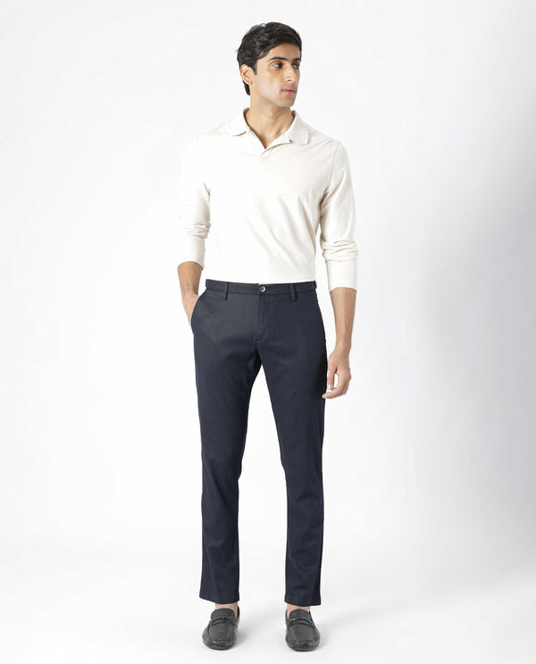 Rare Rabbit Men's Cellular Navy Solid Mid-Rise Regular Fit Twill Trouser