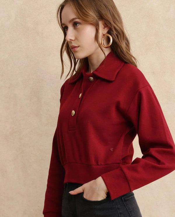 Rareism Women Celtik Maroon Cotton Blend Fabric Full Sleeve Collared Neck Button Closure Relaxed Fit Cropped Plain Sweatshirt