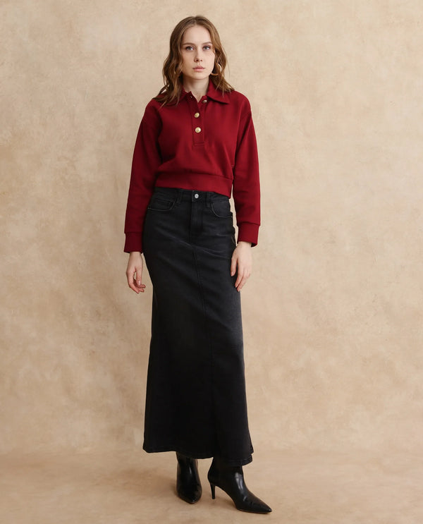 Rareism Women Celtik Maroon Cotton Blend Fabric Full Sleeve Collared Neck Button Closure Relaxed Fit Cropped Plain Sweatshirt