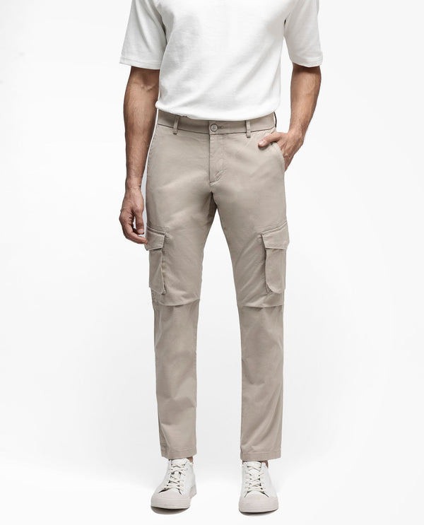 Rare Rabbit Men's Celu Beige Solid Mid-Rise Cargo Style Slim-Fit Trouser