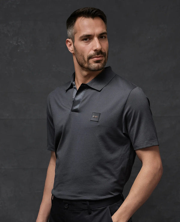 Rare Rabbit Men Centor Dark Grey Short Sleeve Regular Collar Snap Button Closure Plain Polo