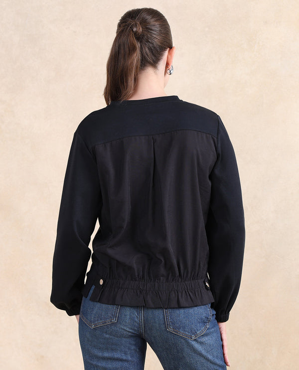 Rareism Women Century Black Cotton Blend Fabric Sleeveless Round Neck Relaxed Fit Plain Sweatshirt