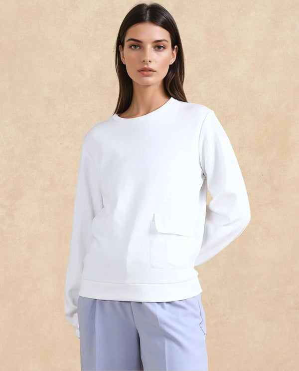 Rareism Women Century Off White Cotton Blend Fabric Sleeveless Round Neck Relaxed Fit Plain Sweatshirt