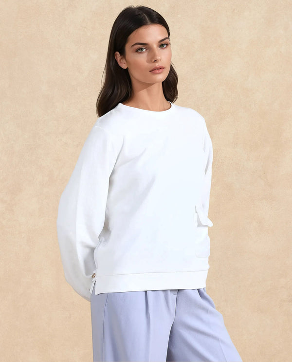 Rareism Women Century Off White Cotton Blend Fabric Sleeveless Round Neck Relaxed Fit Plain Sweatshirt