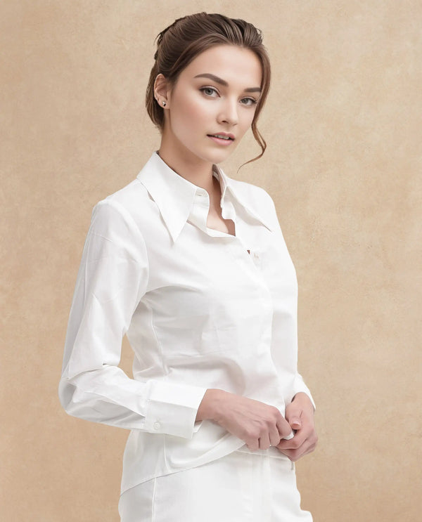 Rareism Women Ceos-SC White Cuffed Sleeve Collared Neck Plain Top