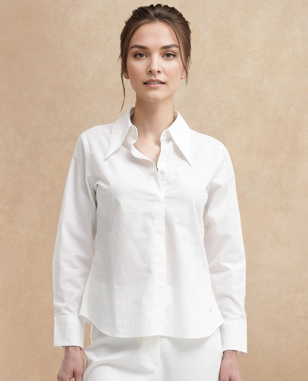 Rareism Women Ceos-SC White Cuffed Sleeve Collared Neck Plain Top
