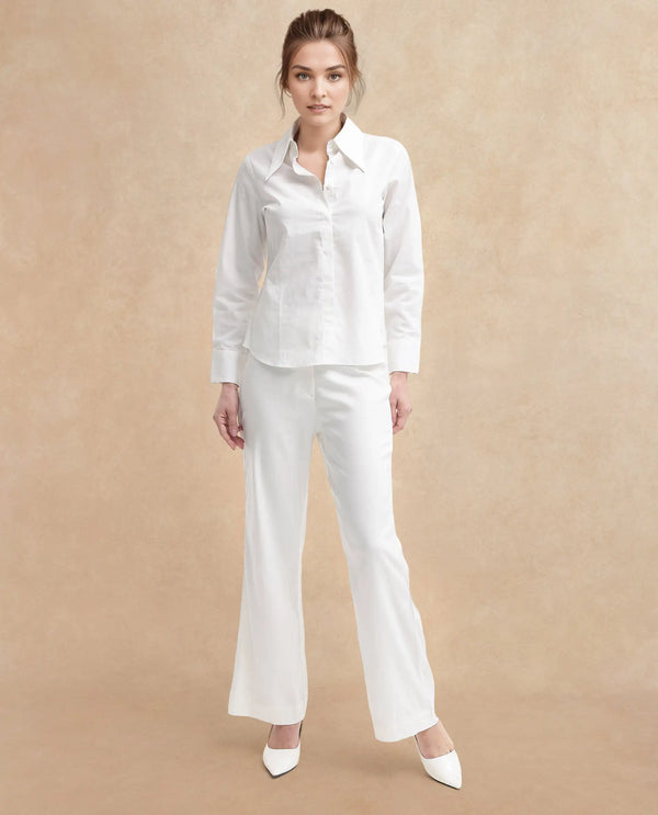 Rareism Women Ceos-SC White Cuffed Sleeve Collared Neck Plain Top