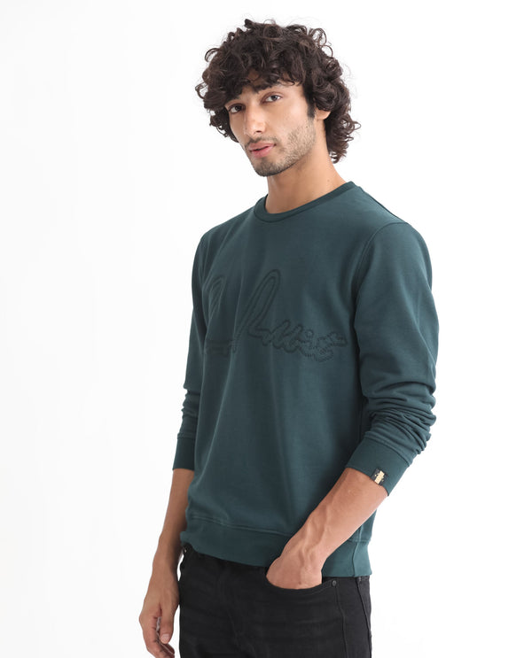 Rare Rabbit Men's Cerdo Dark Green Cotton Polyester Full Sleeves Embroidered Rare Signature Sweatshirt