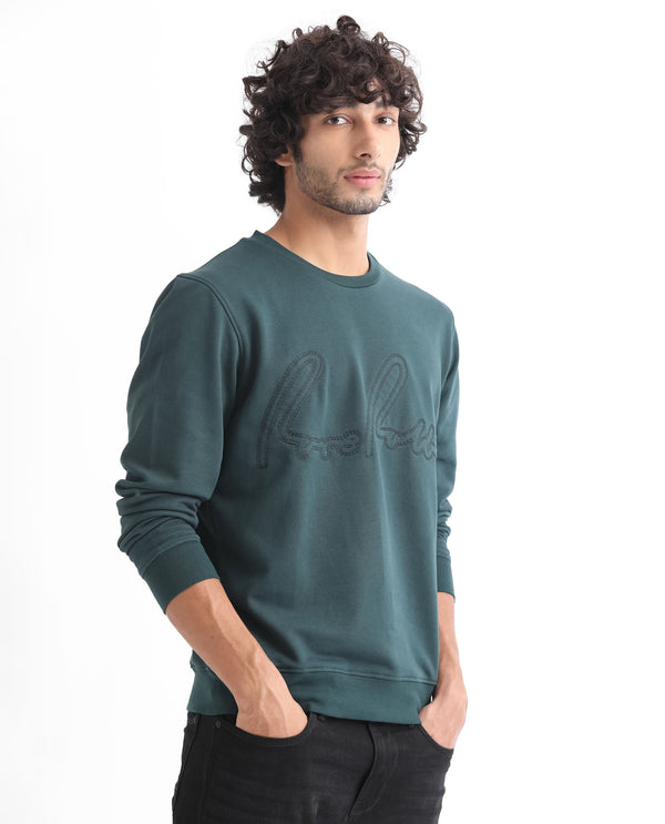 Rare Rabbit Men's Cerdo Dark Green Cotton Polyester Full Sleeves Embroidered Rare Signature Sweatshirt