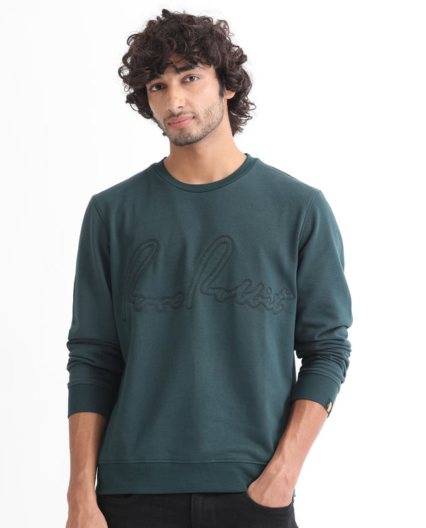 Rare Rabbit Men's Cerdo Dark Green Cotton Polyester Full Sleeves Embroidered Rare Signature Sweatshirt
