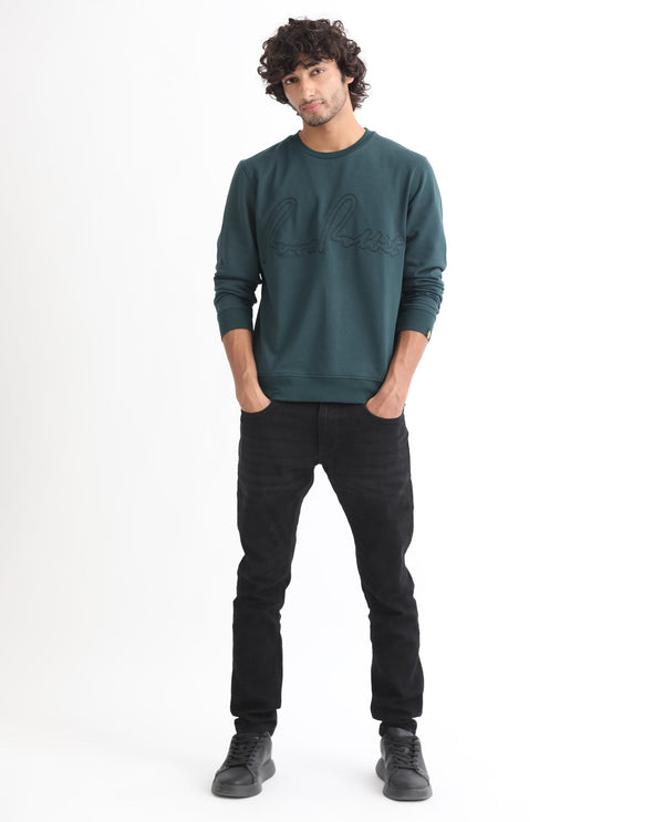 Rare Rabbit Men's Cerdo Dark Green Cotton Polyester Full Sleeves Embroidered Rare Signature Sweatshirt