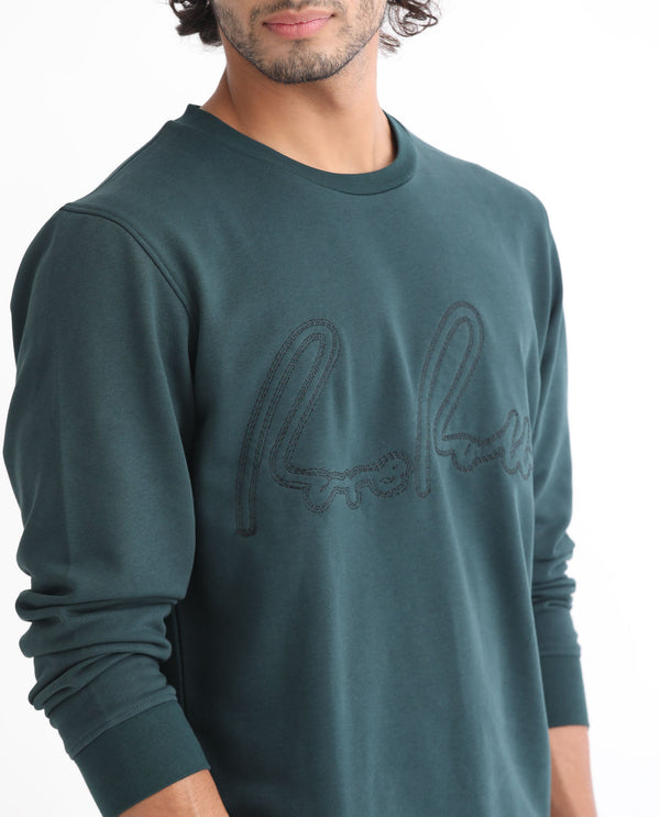 Rare Rabbit Men's Cerdo Dark Green Cotton Polyester Full Sleeves Embroidered Rare Signature Sweatshirt
