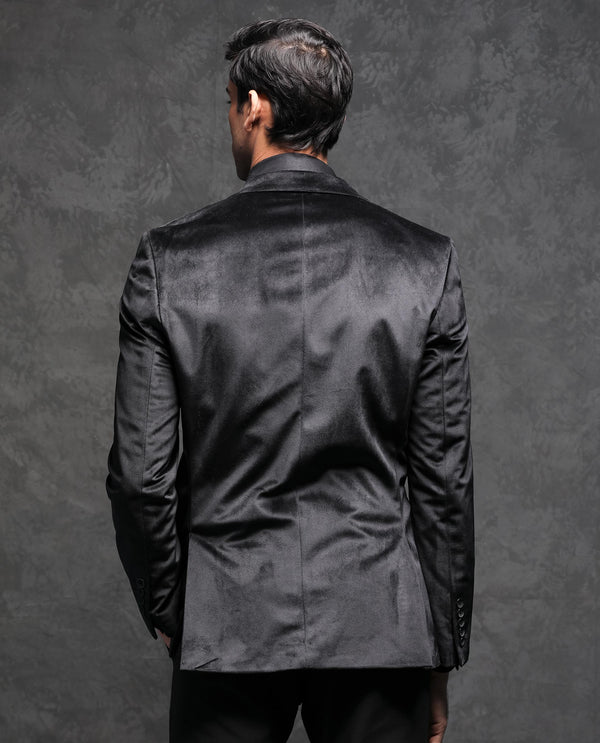 Rare Rabbit Men's Mazey Black Polyester Fabric Peak Lapel Single Breasted Tailored Fit Velvet Blazer