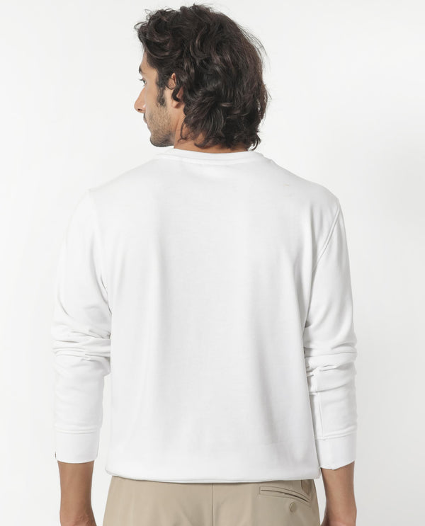 Rare Rabbit Men's Cerdon White Cotton Polyester Fabric Full Sleeves Graphic Branding Print Knitted Sweatshirt