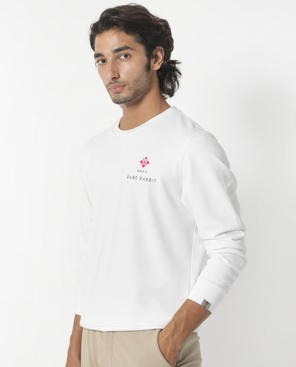 Rare Rabbit Men's Cerdon White Cotton Polyester Fabric Full Sleeves Graphic Branding Print Knitted Sweatshirt