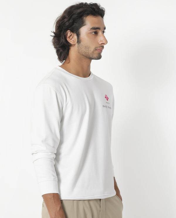Rare Rabbit Men's Cerdon White Cotton Polyester Fabric Full Sleeves Graphic Branding Print Knitted Sweatshirt