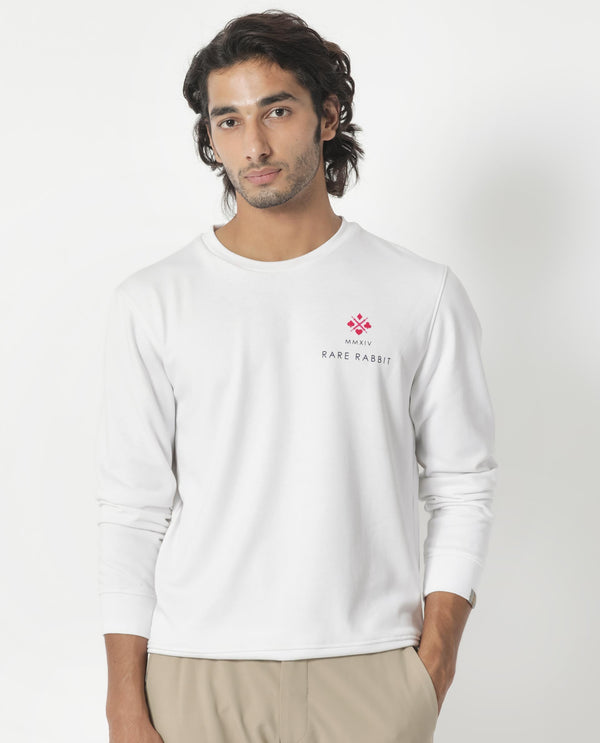 Rare Rabbit Men's Cerdon White Cotton Polyester Fabric Full Sleeves Graphic Branding Print Knitted Sweatshirt
