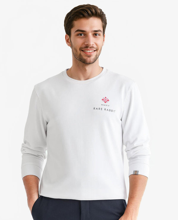 Rare Rabbit Men's Cerdon White Cotton Polyester Fabric Full Sleeves Graphic Branding Print Knitted Sweatshirt