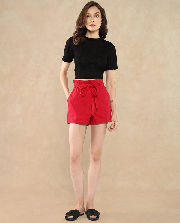 Rareism Women Cerig Red Cotton Fabric Loop Plain Mini Shorts