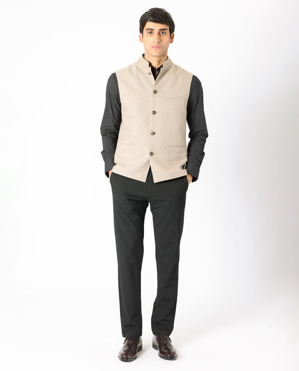 Rare Rabbit Men's Cerny Dark Beige Mandarin Collar Tailored Fit Geometric Jacquard Bandi
