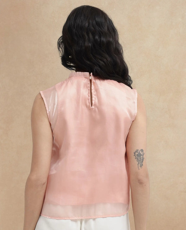 Rareism Women Cessena-SC Beige Sleeveless Mandarin Collar Plain Top