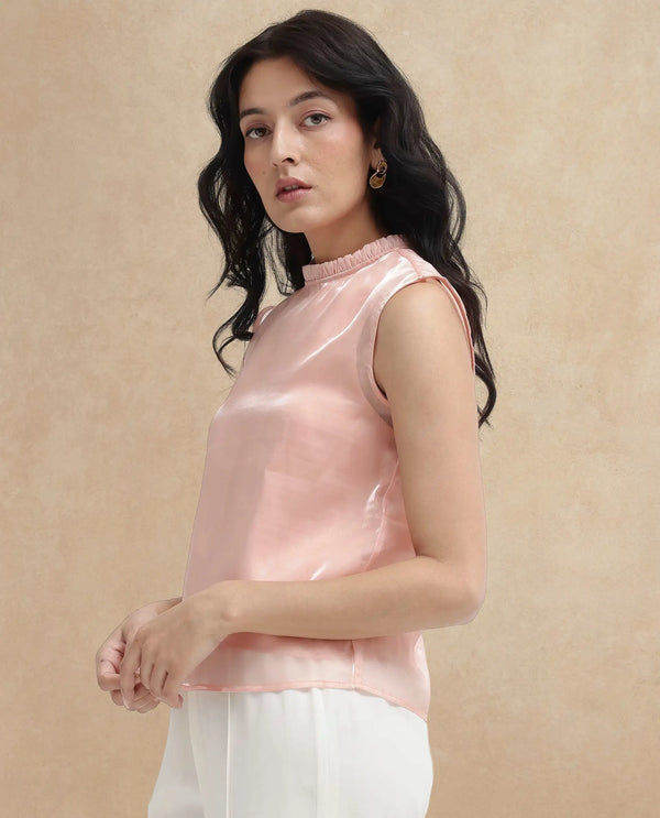 Rareism Women Cessena-SC Beige Sleeveless Mandarin Collar Plain Top