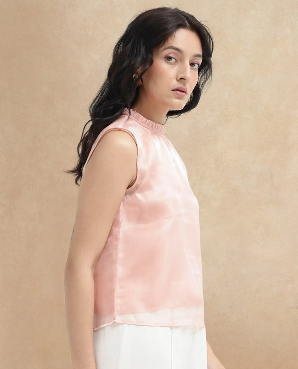 Rareism Women Cessena-SC Beige Sleeveless Mandarin Collar Plain Top