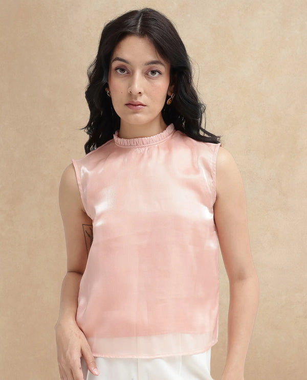 Rareism Women Cessena-SC Beige Sleeveless Mandarin Collar Plain Top