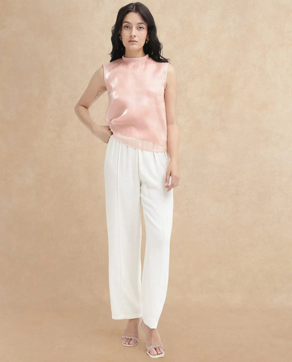 Rareism Women Cessena-SC Beige Sleeveless Mandarin Collar Plain Top