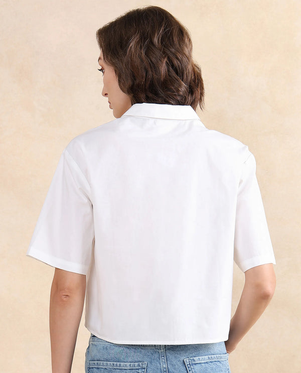 Rareism Women Cetiop White Poplin Fabric Short Sleeve Collared Neck Button Closure Boxy Fit Graphic Print Shirt